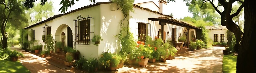 spanish hacienda style house surrounded by lush greenery, featuring a tall tree and potted plants, with a window adding to the charming ambiance