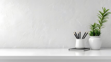Minimalist plain white desk with pencil pot and pencils, copy space on the right side of the frame, blank wall background, simple, minimal, clean.
