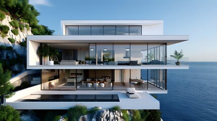 Fototapeta premium Modern house on the cliff, overlooking sea, large windows and balconies with glass walls, white exterior.