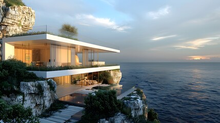 Obraz premium Modern house on the cliff, overlooking sea, large windows and balconies with glass walls, white exterior.