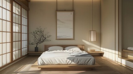 minimalist Zen bedroom with neutral tones, simple furniture, and a tranquil atmosphere promoting peace and relaxation