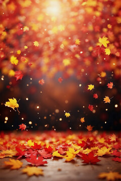 Vertical fall background with red yellow orange leaves falling on a ground in backlight foggy night park with no people