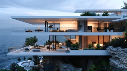 Fototapeta premium Modern house on the cliff, overlooking sea, large windows and balconies with glass walls, white exterior.