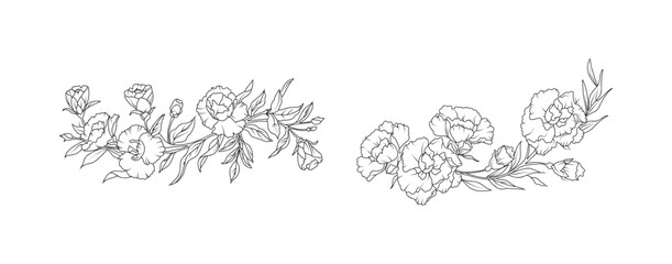 Carnation flower arrangement line art on white background. Silhouette botanical hand drawn element for wedding, invitation frame design, vector illustration