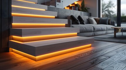 Fototapeta premium Staircase with LED lights in a modern home interior. A white wooden staircase with light wood steps and dark borders, glowing lighting under each step.