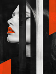 Abstract Portrait of Woman with Red Lipstick and Geometric Shapes