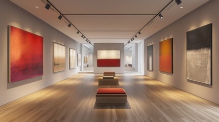 modern art gallery in the home with minimalist d?(C)cor, spot lighting, and rotating exhibitions of contemporary artworks