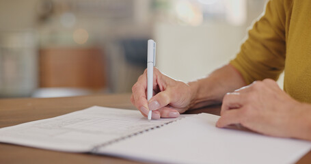 Senior woman, hands and writing on paperwork, form or application for retirement plan or insurance at home. Closeup of elderly female person signing documents, document or agreement on table at house