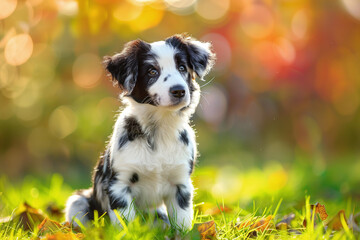Cute border collie puppy sitting in the summer park on a sunny day. Veterinary, pet store, pet training concept. Copy space.
