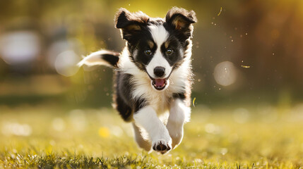 Cute border collie puppy running and training in the summer park on a sunny day. Veterinary, pet store, pet training concept. Copy space.