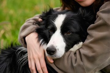 Fototapeta premium Woman pet owner hugging cute border collie in the summer park. Veterinary, pet store, pet training, pet adoption concept. Copy space.