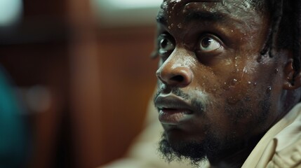 A black criminal terrified and sweating during his trial in the courtroom because all the arguments are against him and he is about to get the penalty of life imprisonment