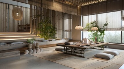 Obraz premium modern Asian-inspired dining room with bamboo accents, a low table, and floor cushions for a traditional tatami seating arrangement