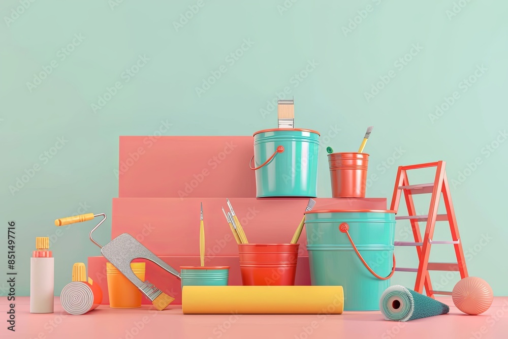 Poster a 3d illustration of various painting tools, including paint rollers, brushes, buckets, and a foldin