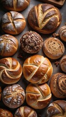 Fototapeta premium Freshly baked artisan bread loaves with a golden, crusty exterior and soft interior, arranged on a slate, perfect for a cozy breakfast or as an accompaniment to soups and stews