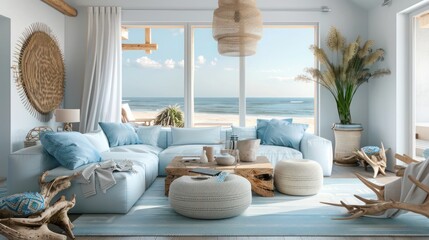 modern coastal living room with light blue and sand-colored decor, driftwood accents, and large windows overlooking the sea