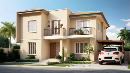 Small house exterior design with a car parking, full beige color theme, real estate home exterior front elevation with a small lawn, bright sunny day