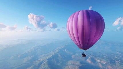 A whimsical purple hot air balloon drifting lazily across a clear blue sky, offering a bird's-eye view of the landscape below.