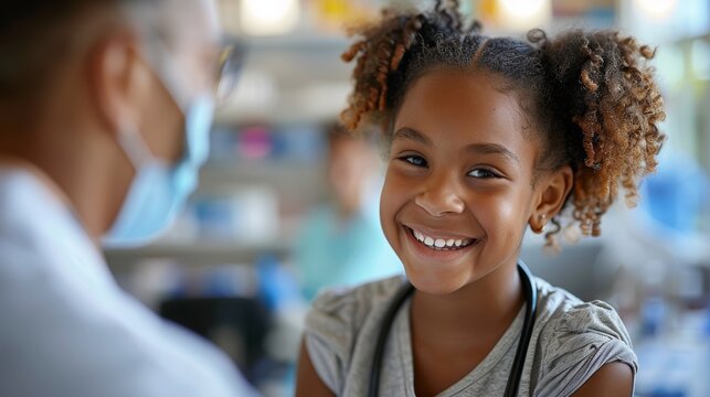 Portrait of smiling African American girl in medical mask looking at camera