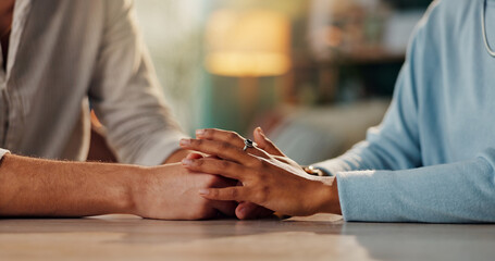 People, hands and table with empathy for relationship, .... or trust in house. Couple, together and...