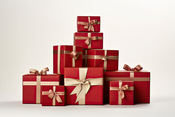 Obraz premium generated illustration of red paper gift box red bow ribbon white background.