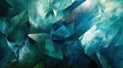 Obraz premium Abstract wallpaper with crystalline forms, sharp edges, and reflective surfaces, in cool blues and greens 