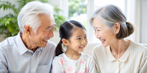 Fototapeta premium Japanese grandparents talking to their granddaughter.