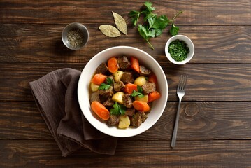 Beef meat stew with potatoes, carrots and spices