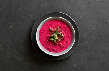 Beet cream soup with yogurt, cucumbers and dill