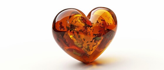 Heart Amber Crystal Isolated, Golden Amber on White 