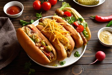 Hot dogs with different toppings on wooden table