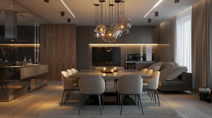 Fototapeta premium modern dining room with a sleek table, comfortable chairs, and stylish lighting creating a sophisticated atmosphere