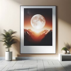 A picture of a moon and mountains in A room style interior set design unique.
