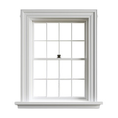 A high-resolution image of a classic white-framed window with multiple glass panes, isolated on a transparent background.