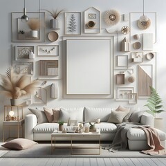A living room style interior set design with a mockup poster empty white and with a couch and a coffee table Vibrant unique .