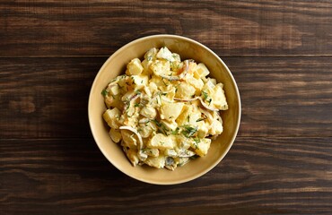 Warm potato salad with egg, pickle, red onion with mayonnaise and yogurt dressing