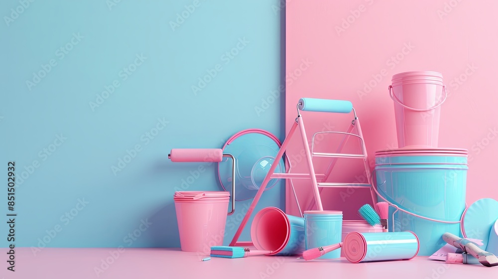 Poster a colorful 3d rendering of professional painting supplies including rollers, brushes, buckets of pai