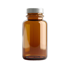 Empty amber glass bottle with a silver cap, isolated on transparent background. Idea for pharmacy, medicine, or laboratory use.