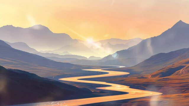 view of mountains and rivers at dawn, anime or cartoon style