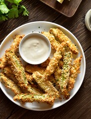 Crunchy zucchini breaded sticks with dip sauce