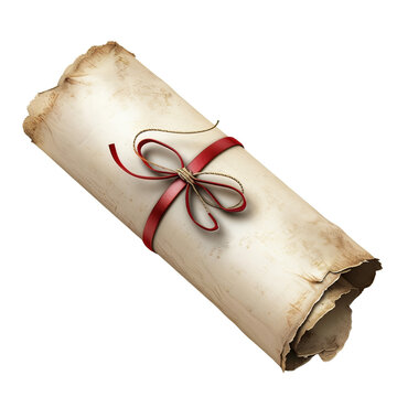 Old parchment scroll rolled up and tied with a red ribbon, reminiscent of historical manuscripts and ancient documents.