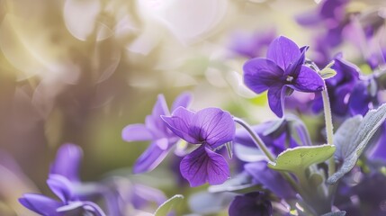 Wild violet, close-up, rich purple hues, soft natural light, detailed textures, blurred background. 