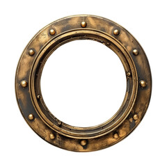 Rustic brass ship porthole with bolts, isolated on transparent background. Idea for nautical, maritime themes and historical designs.