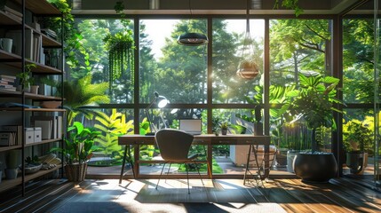 Obraz premium modern, eco-friendly home office with sustainable materials, plenty of natural light, and indoor plants for a green working space