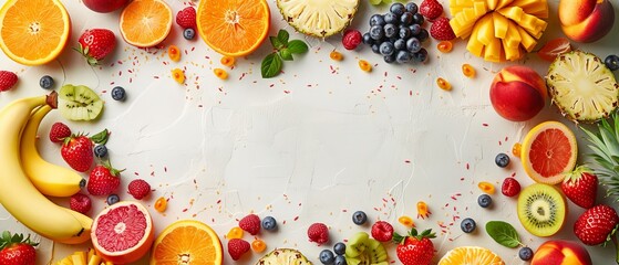 colorful frame of fresh fruits and berries healthy vitamin complex creative food collage layout
