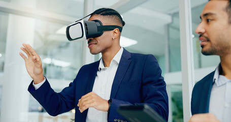 Businessman, vr and glasses in office together for product prototyping, training and experience with vision. Man, team and corporate professionals with virtual reality for metaverse and ux study