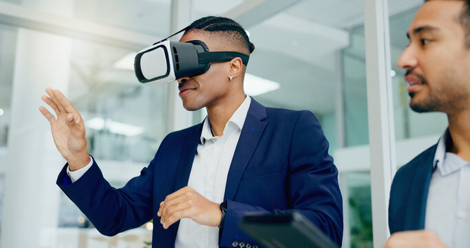 Businessman, vr and glasses in office together for product prototyping, training and experience with vision. Man, team and corporate professionals with virtual reality for metaverse and ux study