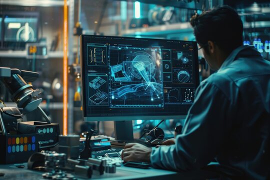 In a high-tech laboratory, an engineer works on a sophisticated CAD program at their workstation. A holographic AI projects futuristic gadgets and intricate blueprints, suggesting innovative designs
