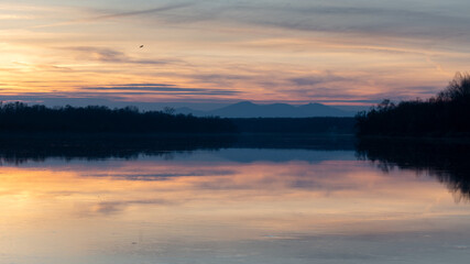 Obraz premium Landscape with mountain reflecting in water at sunset, forest silhouette and bird flying in sky