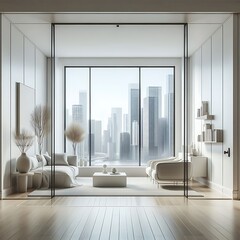 A room style interior set design with a large glass wall and a couch and a coffee table informative optimized informative.